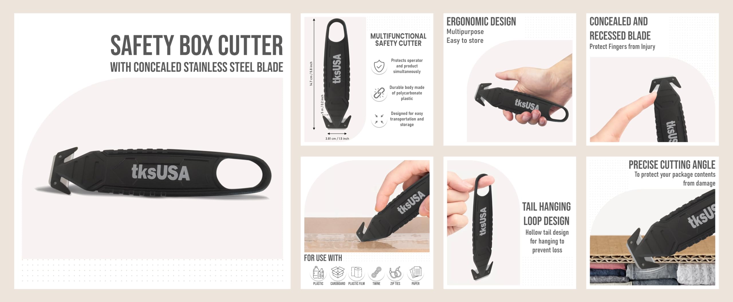 Safety Box Cutter. tksUSA here, your Cutter Stainless, Steel Package Opener. Pack Safety Knife Package Box Opener with Ergonomic Film Cutting Blade for Box, Carton, Shrink Wrap, Plastic Straps