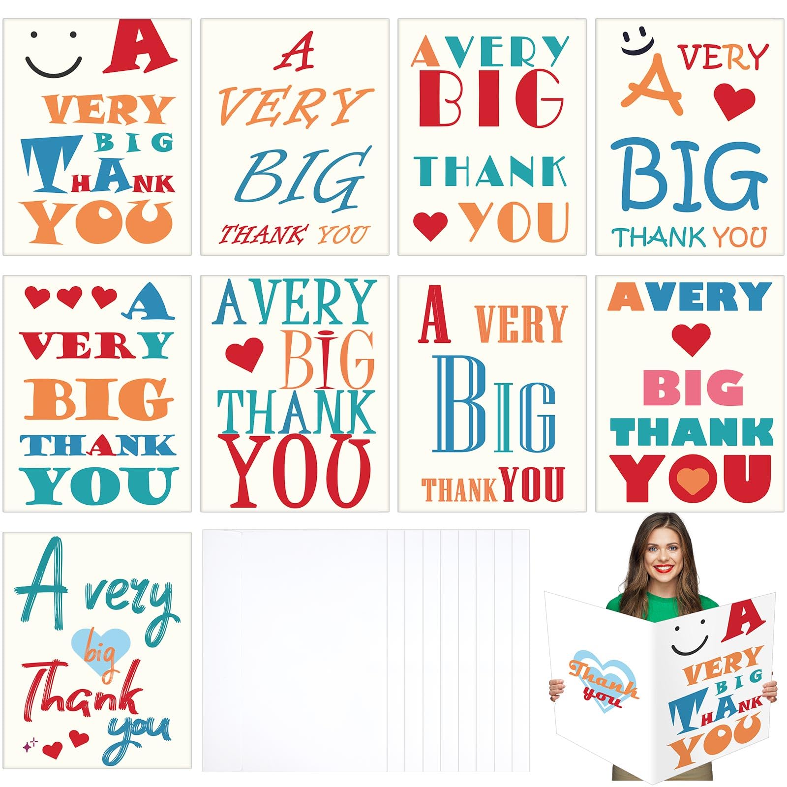 Jetec 9 Sets Big Thank You Cards with Envelope 14 x 22 Inch Large Giant Appreciation Card Oversize Greeting Card Jumbo Message Cards for Thanksgiving Christmas Teacher Nurse Week Wedding Gift