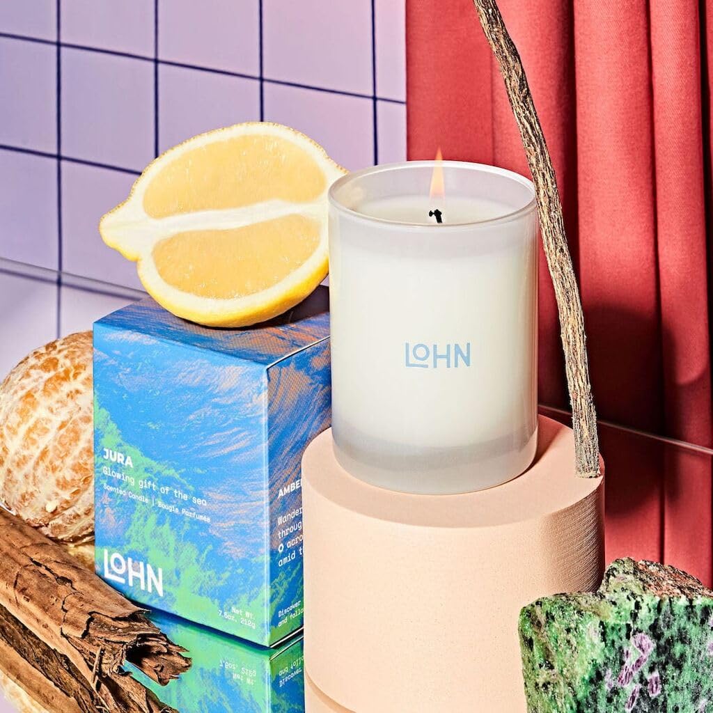 Lohn Jura Mini Scented Candle - Small Luxury Jar Candle for Home, Long Lasting Soy Wax Blend, Clean Ingredients, Orange, Eucalyptus & Sandalwood, 20 Hour Burn Time, 3 oz