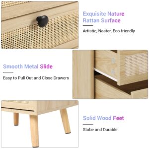 AOGLLATI Rattan Nightstands Set of 2 with Charging Station and LED Lights, Bed Side Tables with 2 Drawers and Open Storage, End Tables, Wood Night Stands for Bedroom, Natural