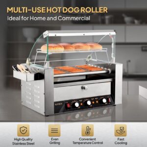 ROVSUN Hot Dog Roller Warmer ETL Certified, 7 Rollers 18 Hot Dog Roller Grill Cooker Machine w/Bun Warmer, Cover, Dual Temp Control, LED, Removable Shelf & Drip Tray for Party Home Commercial 1200W