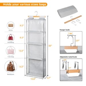 Syeeiex Hanging Handbag Purse Organizer with Zippers, Clear Slubbed Fabric+PVC Hanging Closet Bag Organizer, 4 Mesh Shelves,Dustproof Handbag Closet Tote Storage Bag for Door, Wardrobe, Shelf Rack