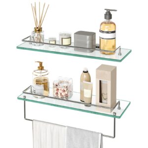 hoobro glass shelves for bathroom, 15.7 inch floating glass shelves for wall, set of 2 tempered glass shelf stainless steel floating shelves for bathroom, toilet, room decor, silver sv02bj01