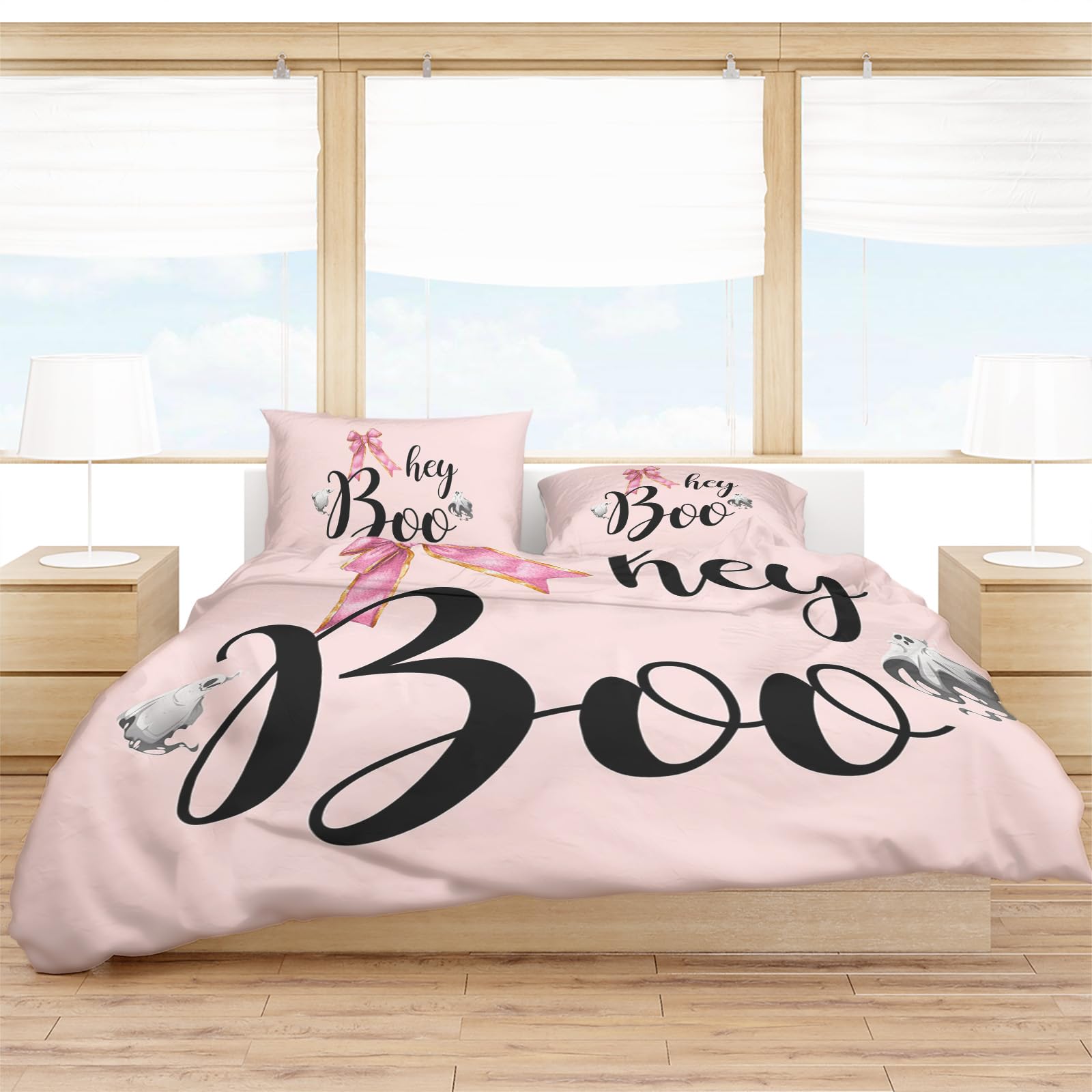 Halloween Duvet Cover Queen Size, Hey Boo Ghost Pink Bow Knot Comforter Cover with Zipper Closure, 3 Piece Bedding Sets 1 Duvet Cover 90x92 Inches and 2 Pillow Shams