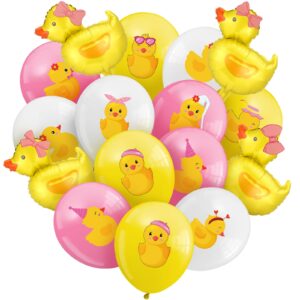 sratte 40 pcs duck balloon rubber duck party decorations 12 inch duck shape foil balloons blue pink yellow white latex balloon for baby shower rubber duck themed birthday party supplies (bowknot)