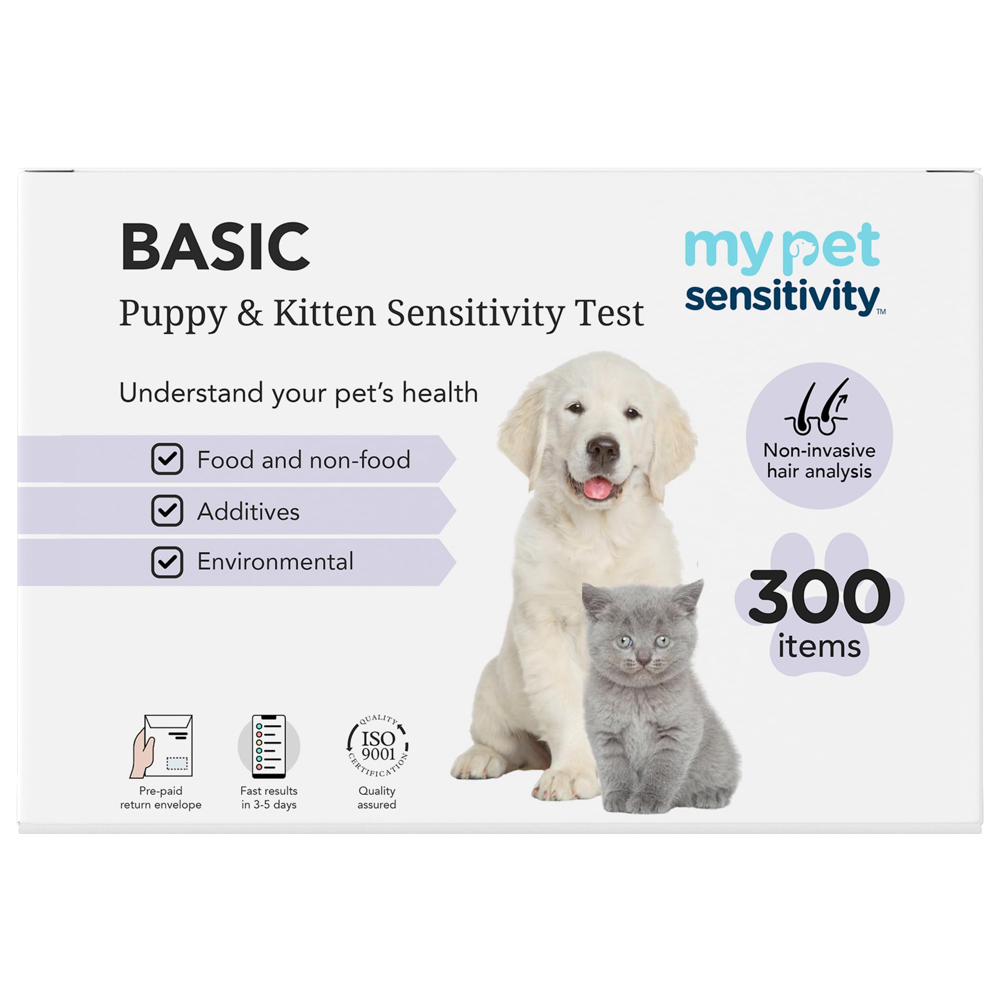 My Pet Sensitivity Test - Home Puppy & Kitten Sensitivity Test | 300 Items | 3-5 Day Results | Non-Invasive Hair Sampling | Comprehensive Food & Environmental Analysis | Ideal for Young Pets