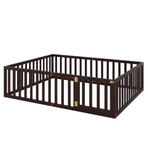 Harper & Bright Designs Queen Size Floor Bed with Rails, Montessori Bed Queen Size Wood Floor Bed Frame with Fence and Door, for Kids Girls Boys (Walnut)