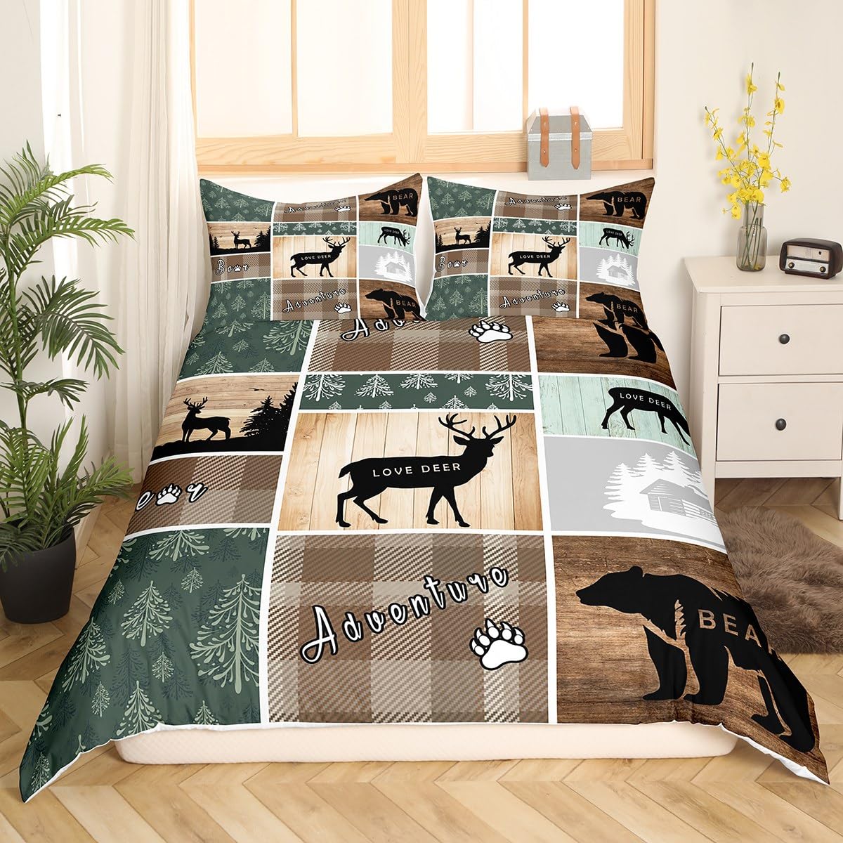 Retro Cabin Comforter Cover, Pine Tree Buffalo Plaid Duvet Cover Bear Deer Elk Bedding Set, Forest Wildlife Woodland Animals Quilt Cover Hunting Lodge Country Rustic Farmhouse Bedroom Decor, Twin