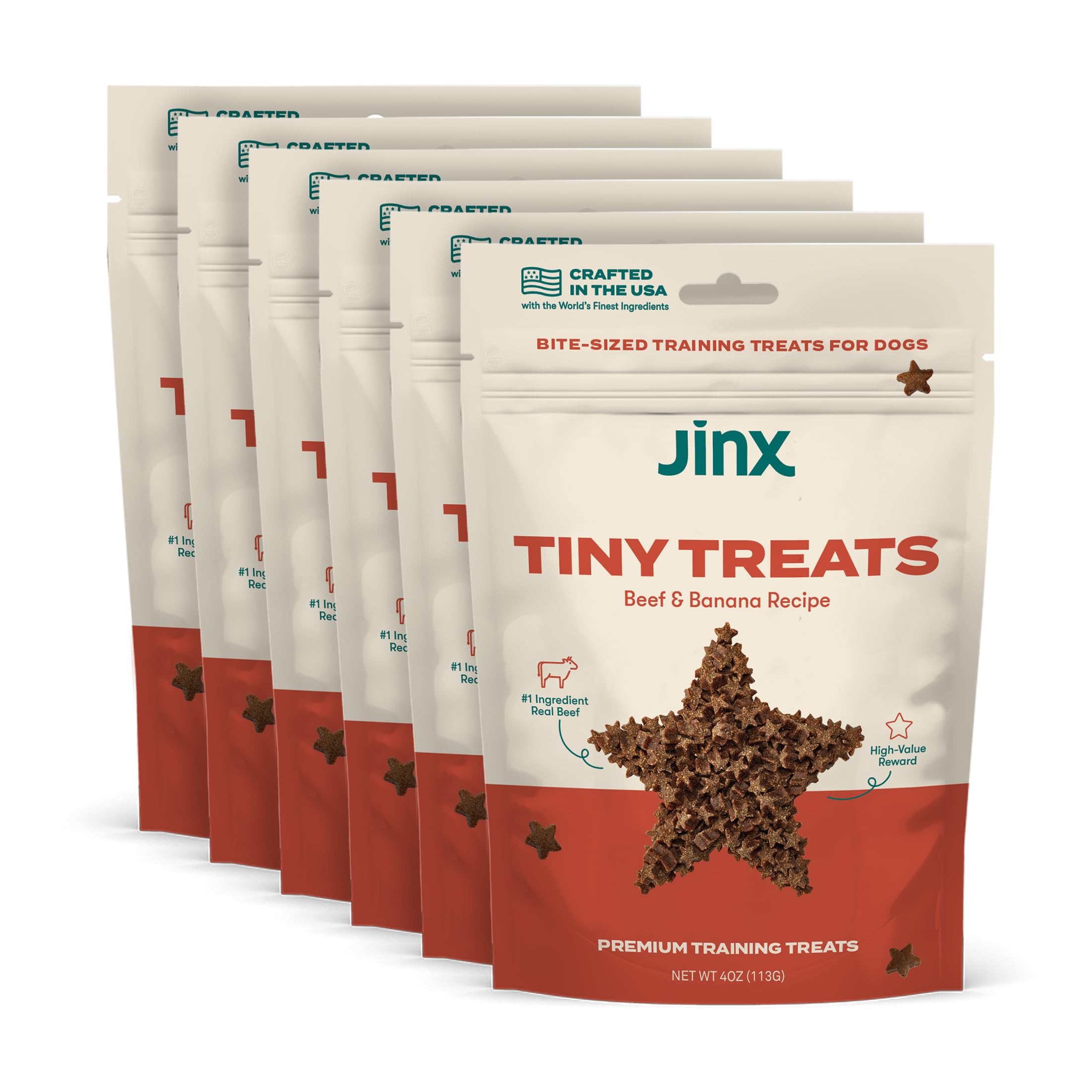 Jinx Beef & Banana Training Treats for Dogs and Puppies, Low-Calorie, All Natural, Slow-Smoked Real Beef, No Fillers 4oz, 6 Pack