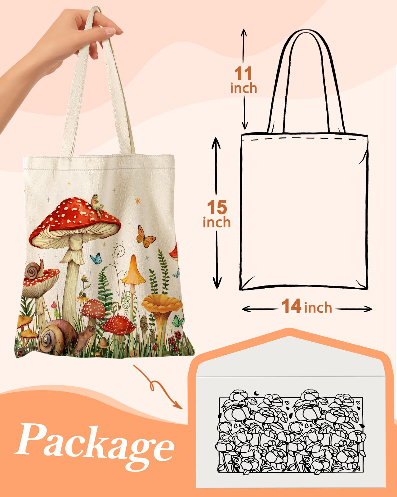 Miss Adola Aesthetic Canvas Tote Bag with Inner Pocket for Women Unique Funny Pattern Design Casual Sturdy Cloth Cotton Totes Bag with Pattern for Vacation, Shopping, Work, Gym - Mushroom Forest