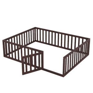 Harper & Bright Designs Queen Size Floor Bed with Rails, Montessori Bed Queen Size Wood Floor Bed Frame with Fence and Door, for Kids Girls Boys (Walnut)