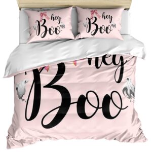 halloween duvet cover queen size, hey boo ghost pink bow knot comforter cover with zipper closure, 3 piece bedding sets 1 duvet cover 90x92 inches and 2 pillow shams