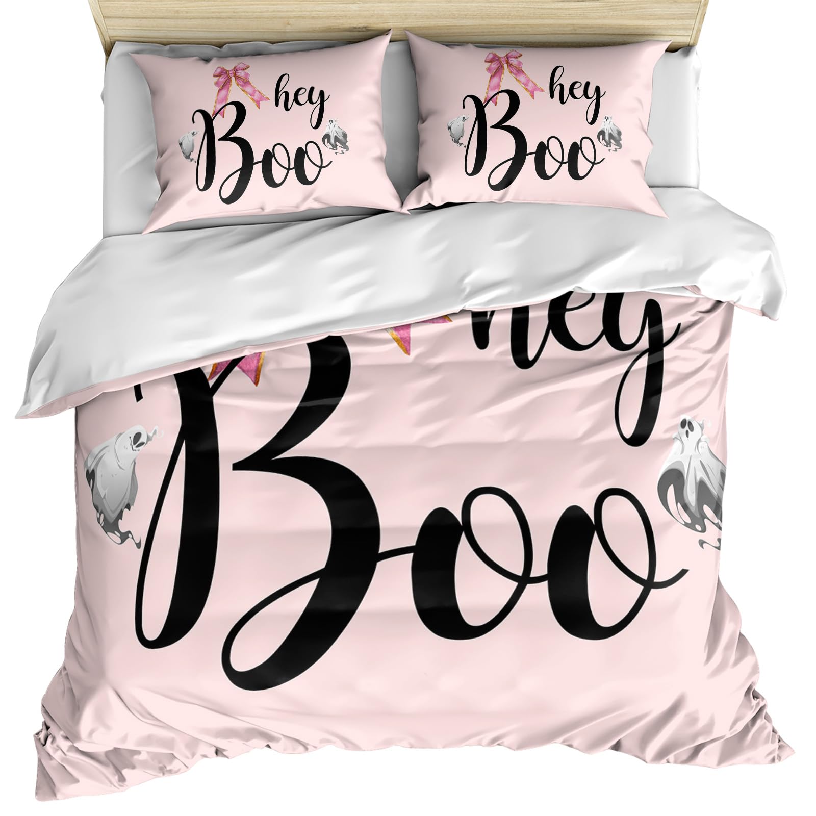 Halloween Duvet Cover Queen Size, Hey Boo Ghost Pink Bow Knot Comforter Cover with Zipper Closure, 3 Piece Bedding Sets 1 Duvet Cover 90x92 Inches and 2 Pillow Shams