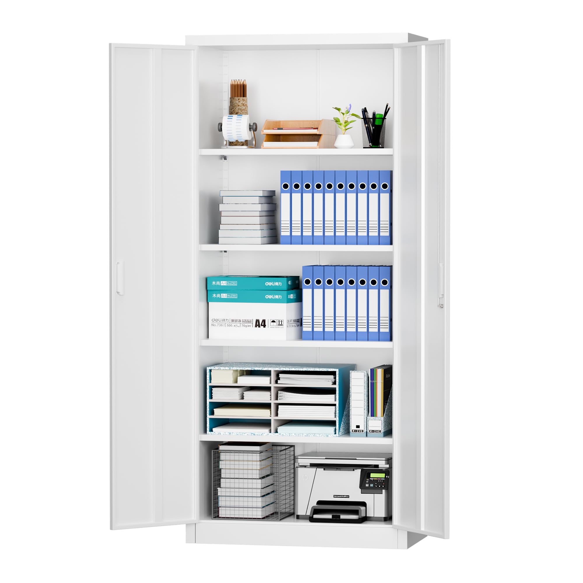 LOCENHU Metal Storage Cabinet with 2 Doors and 4 Adjustable Shelves - 71" Locking File Cabinet,Locking Tool Cabinet for Office,Home,Garage,Gym,School (White),Requires Installation