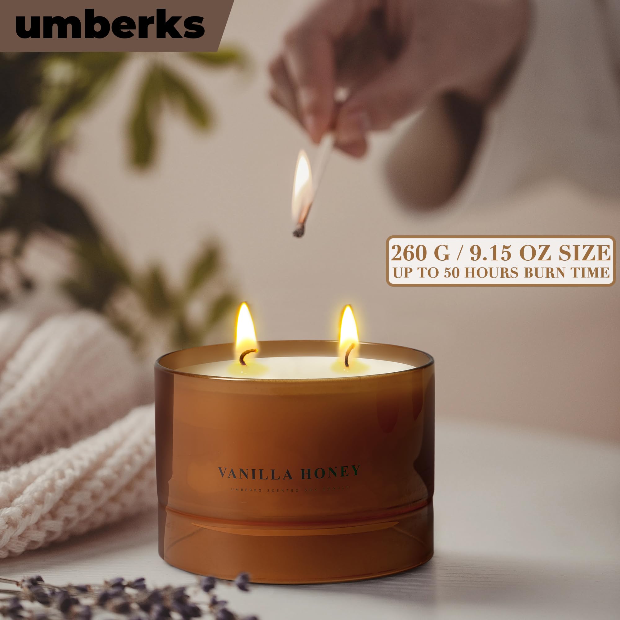 UMBERKS Luxury Vanilla Honey Candles | Large 2 Wick Jar Candle | Up to 50 Hours Burning Time | 100% Natural Soy Wax | Relaxing Aromatherapy Aesthetic Candle | Housewarming Gift for Men and Women