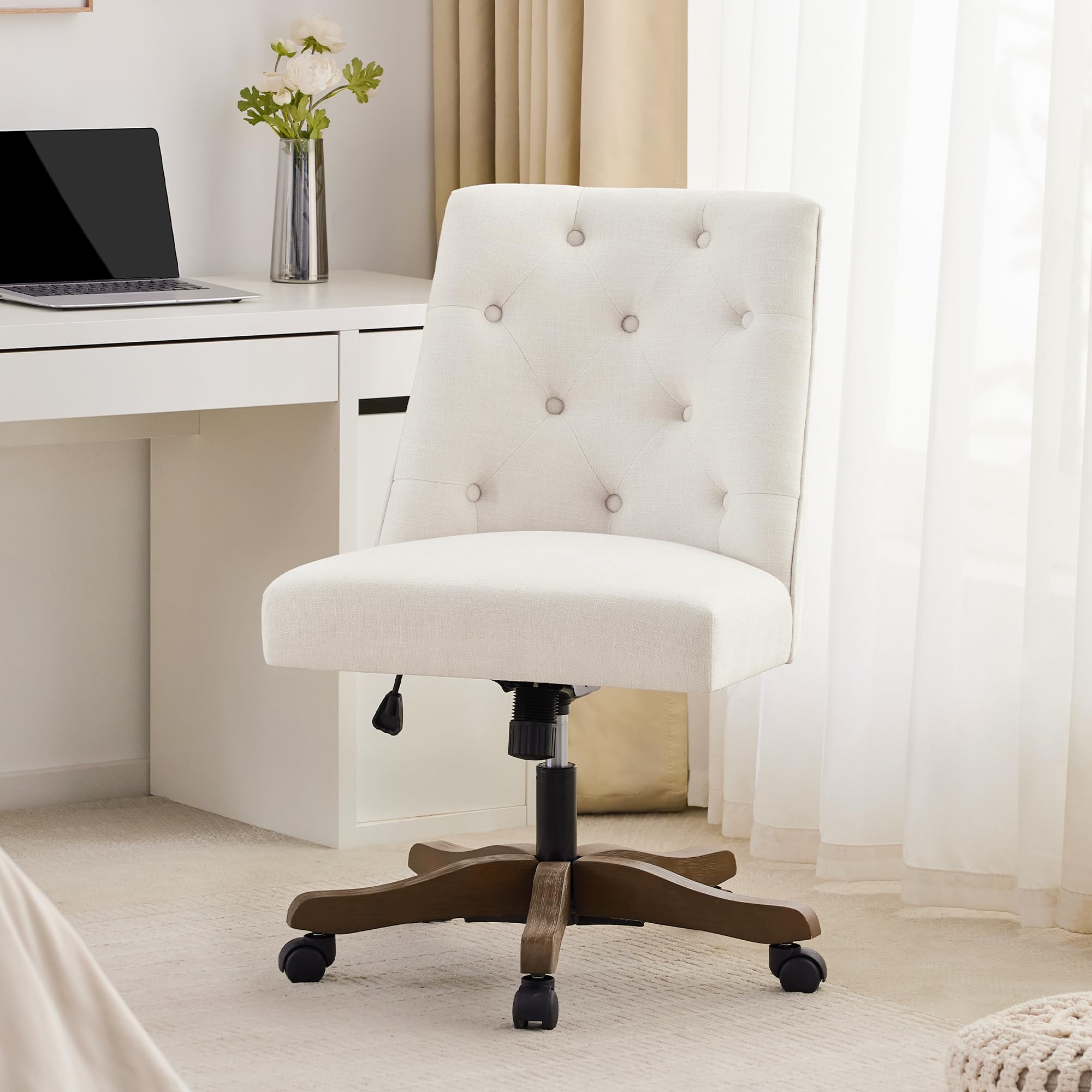 HUIMO Home Office Chair Upholstered Swivel Desk Chair with Wheels Chenille Fabric Adjustable Height Computer Chair with Wooden Legs Comfortable Armless Chair for Studio Study Home Office (Beige)