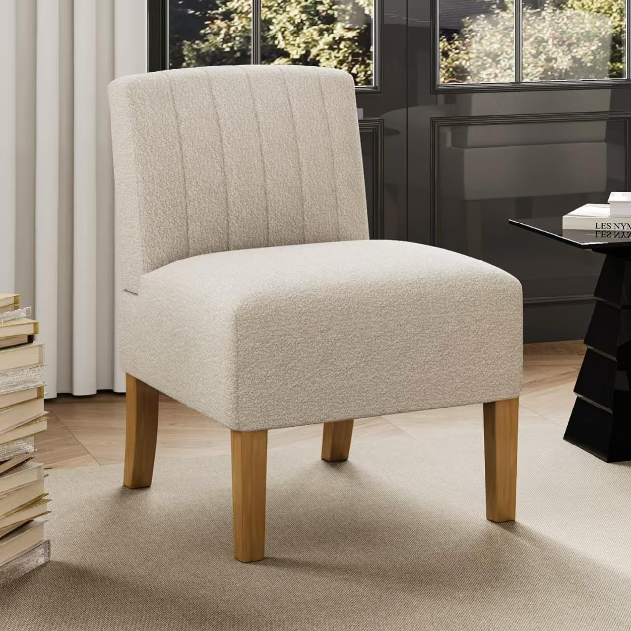 Armless Accent Chair for Bedroom, Modern Slipper Vanity Chair Living Room Chairs with Solid Wood Legs, Makeup Chair Fabric Comfy Upholstered Bedroom Chair Guest Chairs Reading Chair,Beige