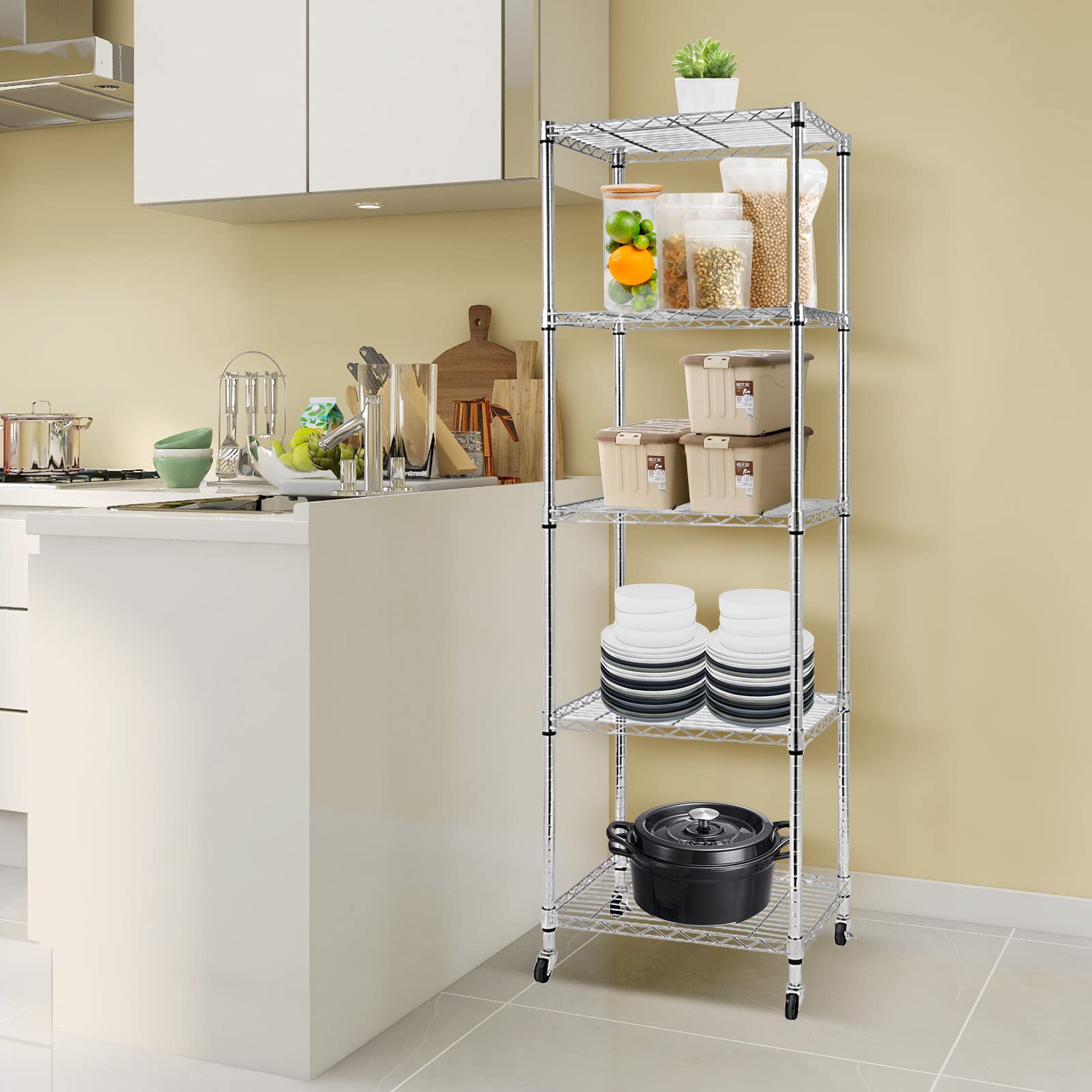 Doredo 5 Tier Narrow Wire Shelving Unit with Wheels, Adjustable Narrow Metal Shelf with NSF Certified, Narrow Storage Shelves for Laundry, Garage, Kitchen, Pantry, 18" D X 24" W X 71" H, Chrome