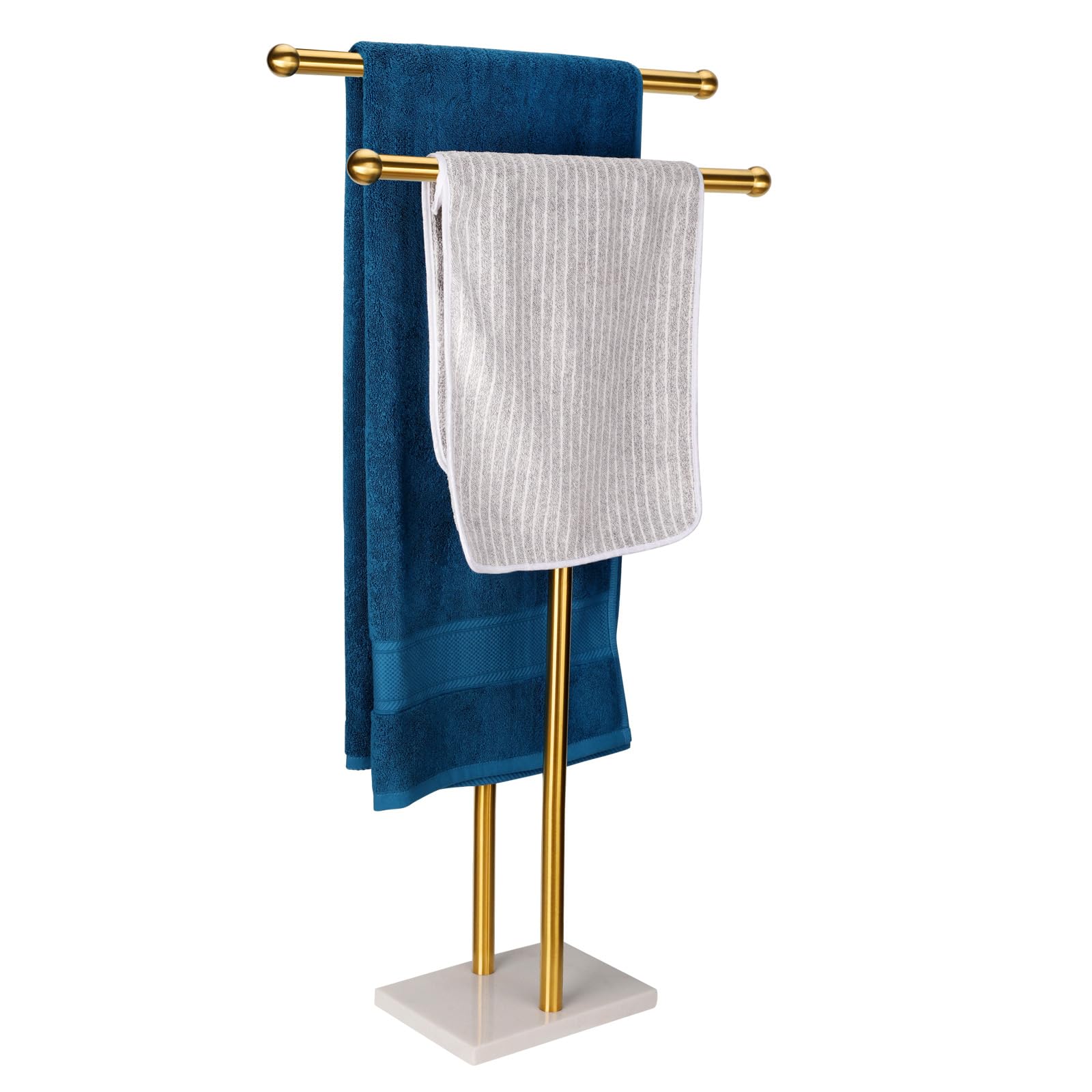 WAYDELI Standing Towel Rack Double-T Shape Tall Bath Towel Sheet Holder with Marble Design Base for Bathroom 2 Tier Towel Holder Stand Stainless Steel (Brushed Gold)