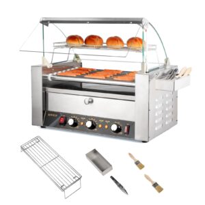 rovsun hot dog roller warmer etl certified, 7 rollers 18 hot dog roller grill cooker machine w/bun warmer, cover, dual temp control, led, removable shelf & drip tray for party home commercial 1200w