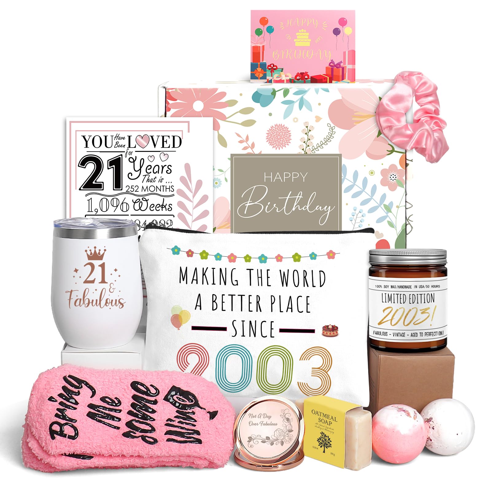 21st Birthday Gifts for Her, 21st Birthday Gifts for Women, Happy 21 Year Old Gifts for Her, 21st Birthday Baskets for Daughter Sister Friend, Gifts for 21st Birthday Female Born in 2003, 21 Fabulous