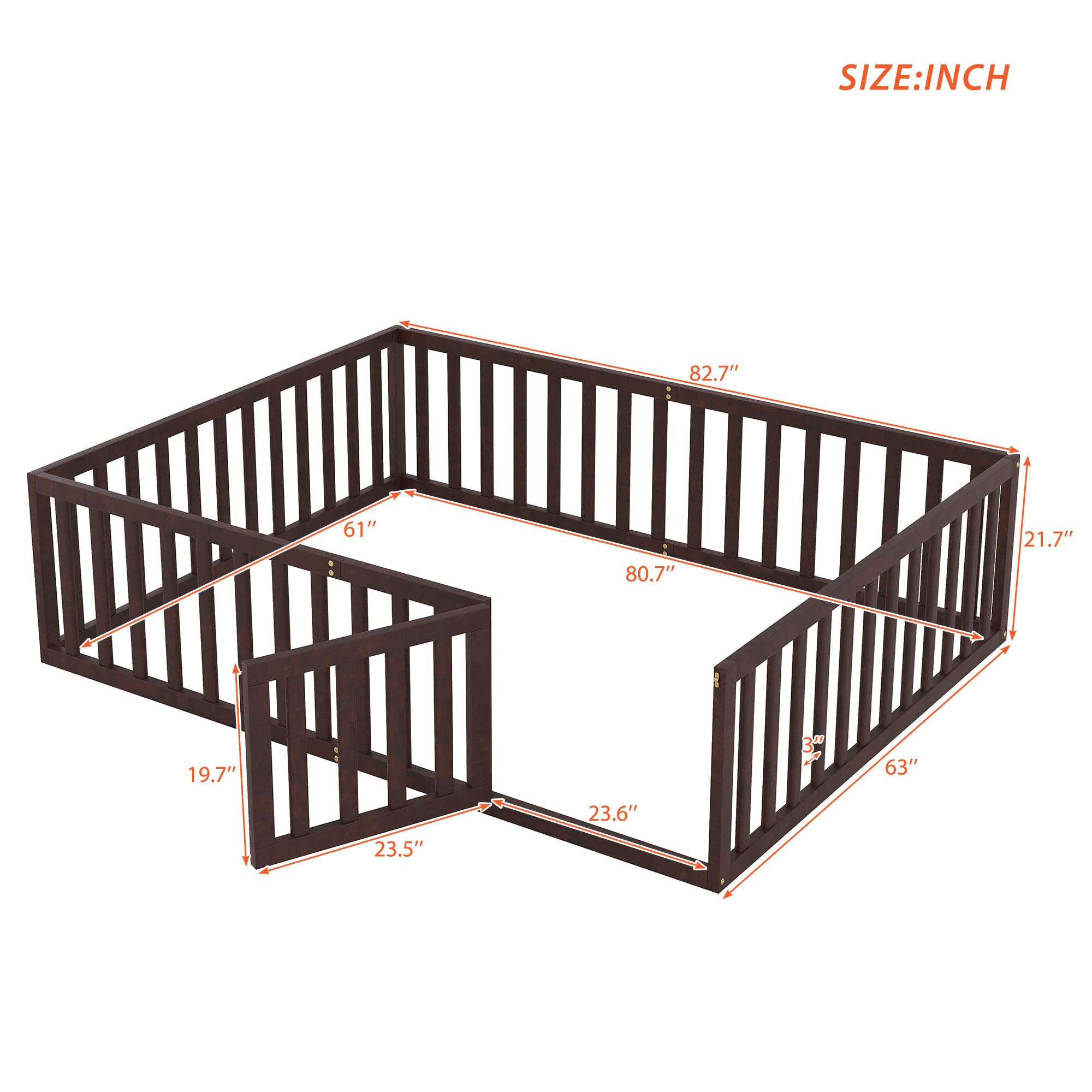 Harper & Bright Designs Queen Size Floor Bed with Rails, Montessori Bed Queen Size Wood Floor Bed Frame with Fence and Door, for Kids Girls Boys (Walnut)