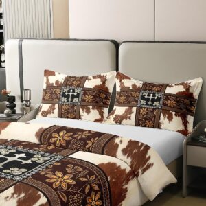 Cow Fur Print 100% Cotton Duvet Cover Brown White Cowhide Comforter Cover King Size Old Fashioned Floral Bedding Sets Southwest Western Style Bed Sets Wild Animal Hair Fur Pattern Quilt Cover,3Pcs