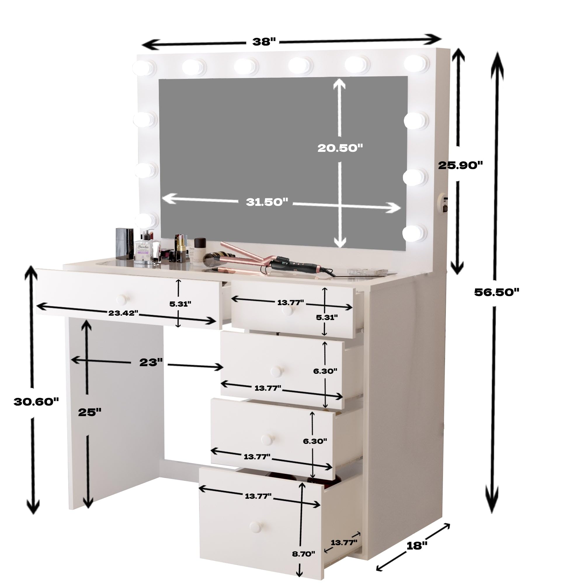 Boahaus Alana White Makeup Vanity Desk with Lights, 5 Drawers, Glass Top, USB Ports