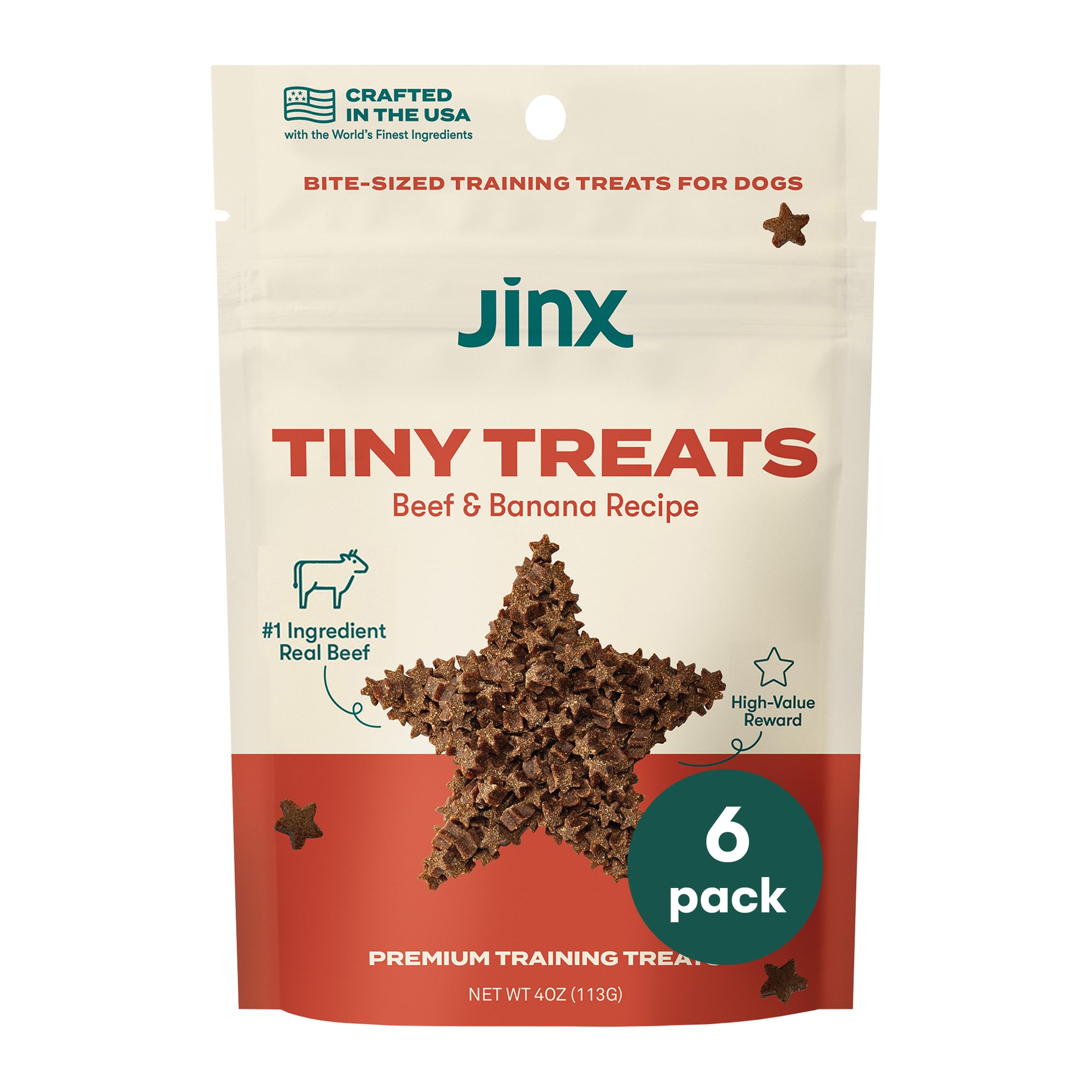 Jinx Beef & Banana Training Treats for Dogs and Puppies, Low-Calorie, All Natural, Slow-Smoked Real Beef, No Fillers 4oz, 6 Pack