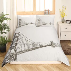 golden gate bridge duvet cover queen, san francisco bedding set, hand drawn american theme architecture comforter cover, ocean mountain bedroom decor vintage grey quilt cover with zipper closure