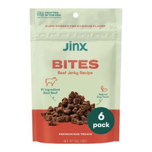 jinx beef bites, soft jerky dog treats, bite-sized snack, low-calorie and packed with flavor, slow-smoked real beef & liver, no fillers, 5oz, 6 pack