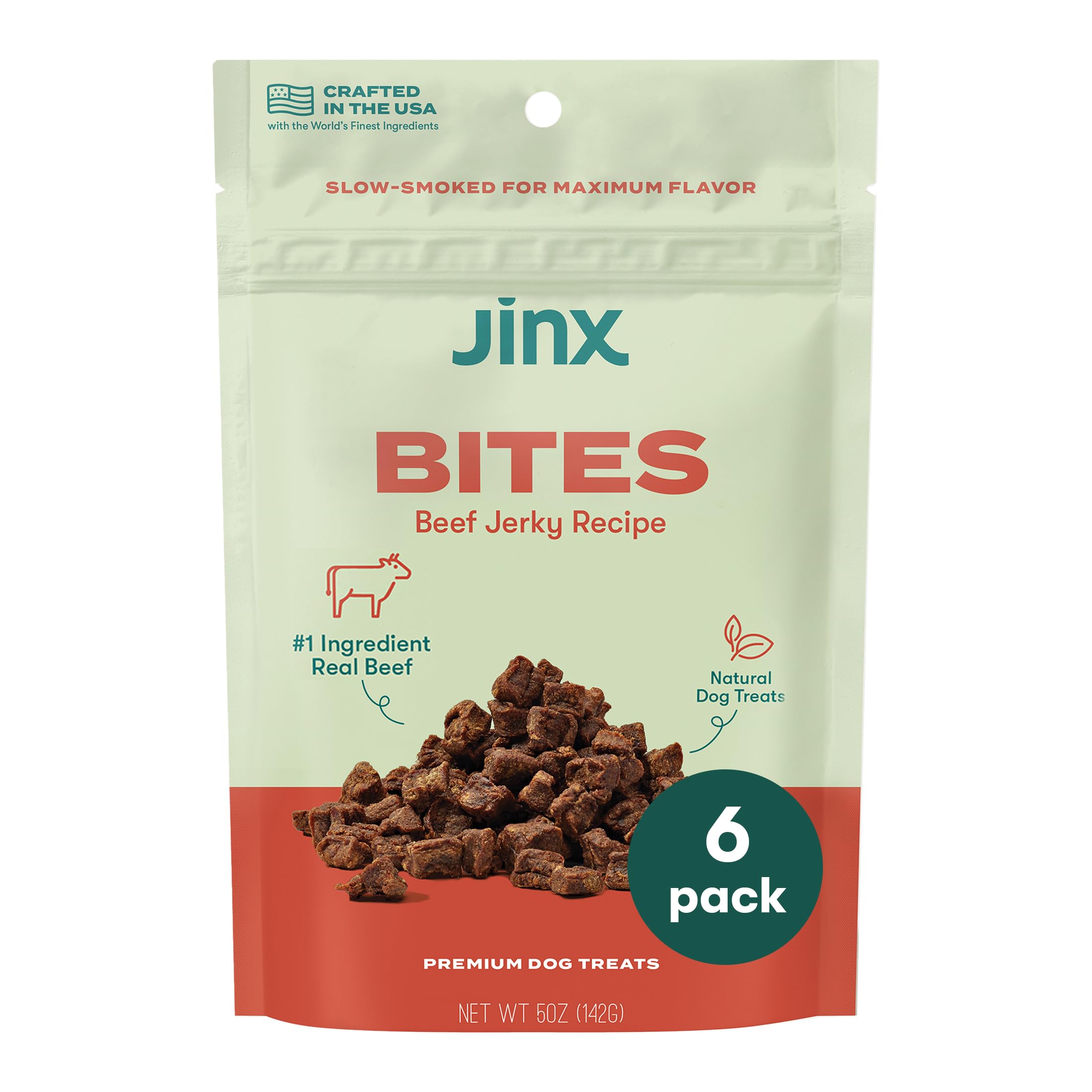 Jinx Beef Bites, Soft Jerky Dog Treats, Bite-Sized Snack, Low-Calorie and Packed with Flavor, Slow-Smoked Real Beef & Liver, No Fillers, 5oz, 6 Pack