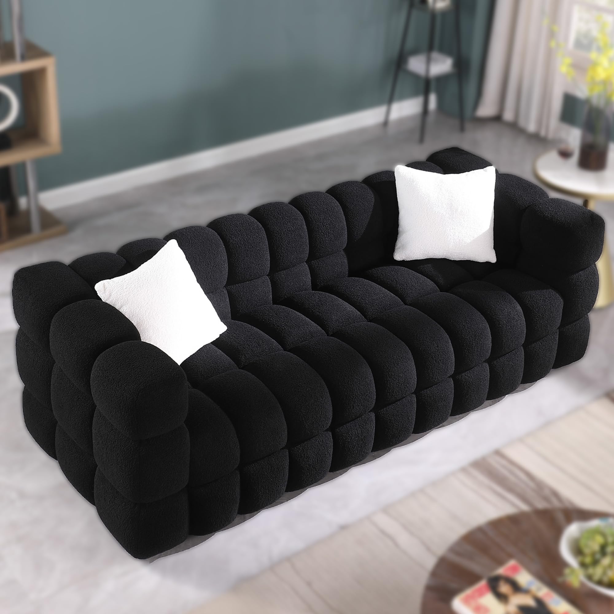 Olodumare 84.3" Modern Cloud Couch with Extra Deep Seats,3 Seater Sofa,Cream Boucle Couch with 2 Pillows Decor Furniture,Marshmallow Tufted Couches for Living Room,Office.Black