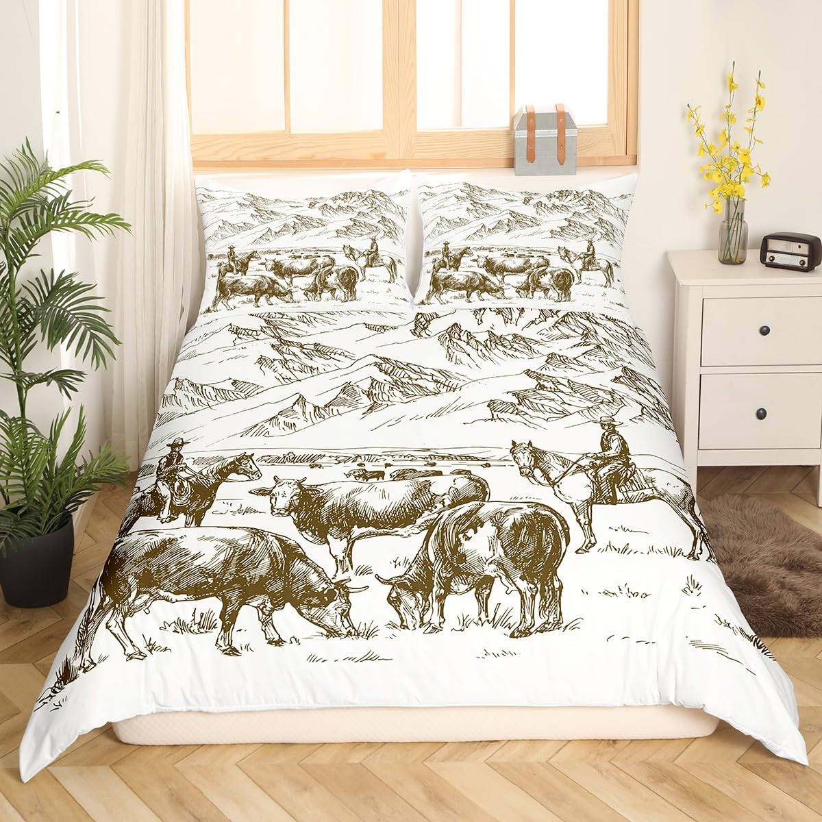 Erosebridal Cattle Duvet Cover King, Cows Grazing Bedding Set for Cowboys, Hand Drawn American Wild West Mountain Cowboy Comforter Cover, Farmhouse Rustic Country Bedroom Decor Retro Quilt Cover