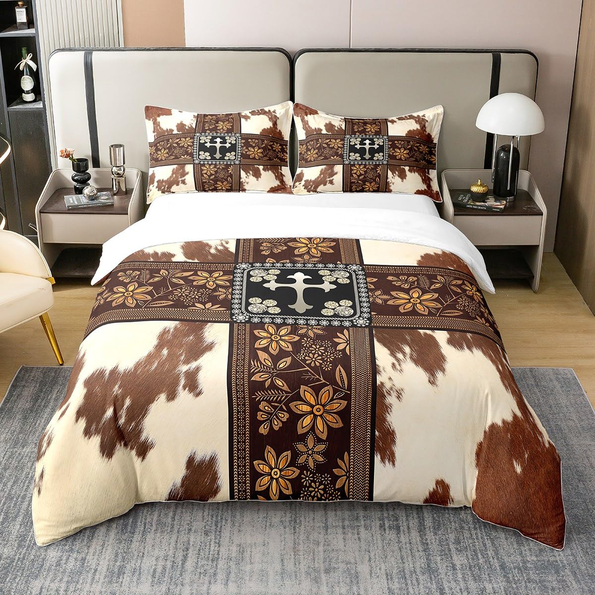 Cow Fur Print 100% Cotton Duvet Cover Brown White Cowhide Comforter Cover King Size Old Fashioned Floral Bedding Sets Southwest Western Style Bed Sets Wild Animal Hair Fur Pattern Quilt Cover,3Pcs