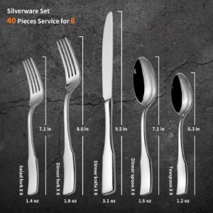 Alata Kate 40-Piece Silverware Set,Service for 8,Stainless Steel Flatware Set,Mirror Polished Cutlery Set,Dishwasher Safe