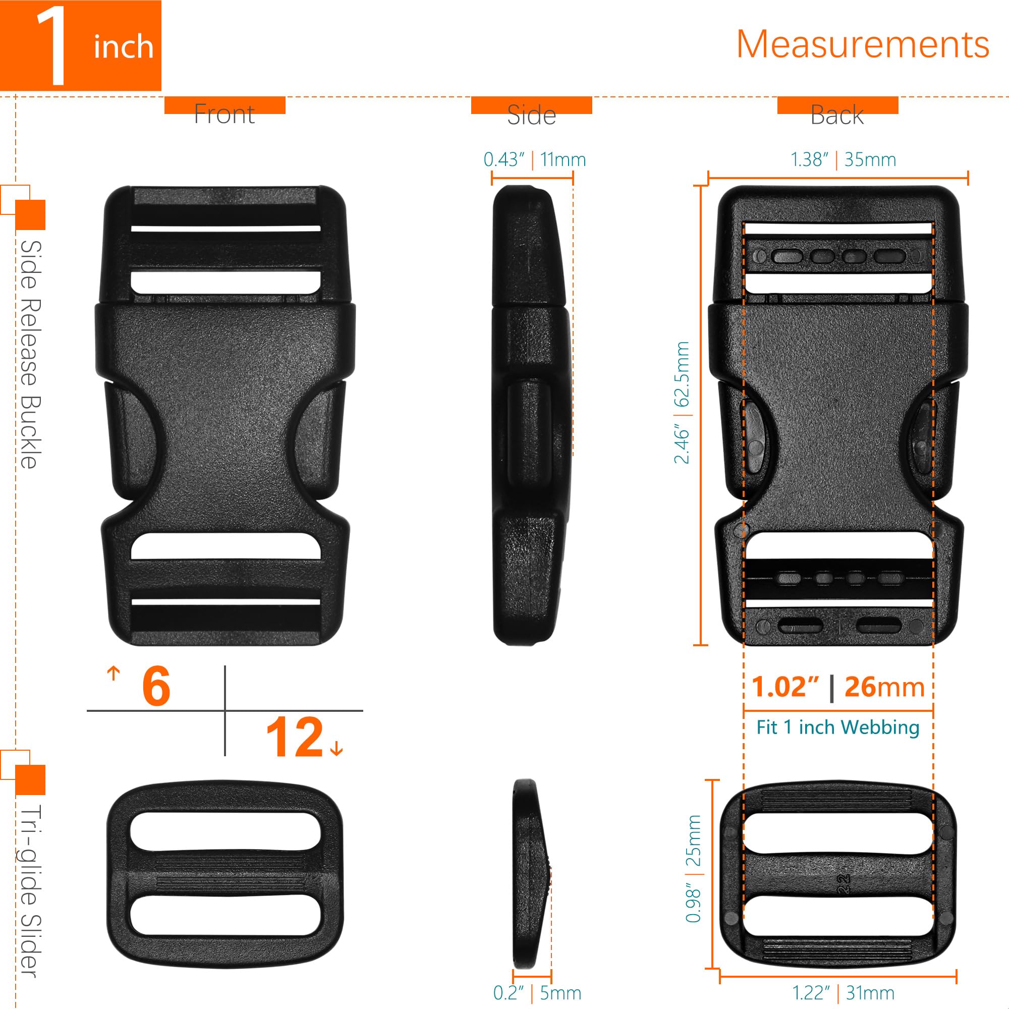 1" Straps and Buckles Set: 6 Yard Nylon Webbing 1 inch (25 mm) Wide, 6 Pack Side Release Buckle, 12 pcs Tri-Glide Sliders, Plastic Clip Quick Fastener Replacement Heavy Duty Dual Adjustable No Sew