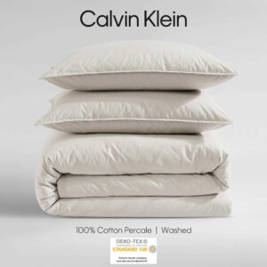 Calvin Klein - Queen Duvet Cover Set, Washed Cotton Percale Bedding, Luxuriously Soft Home Decor (Washed Percale Light Beige, Queen)