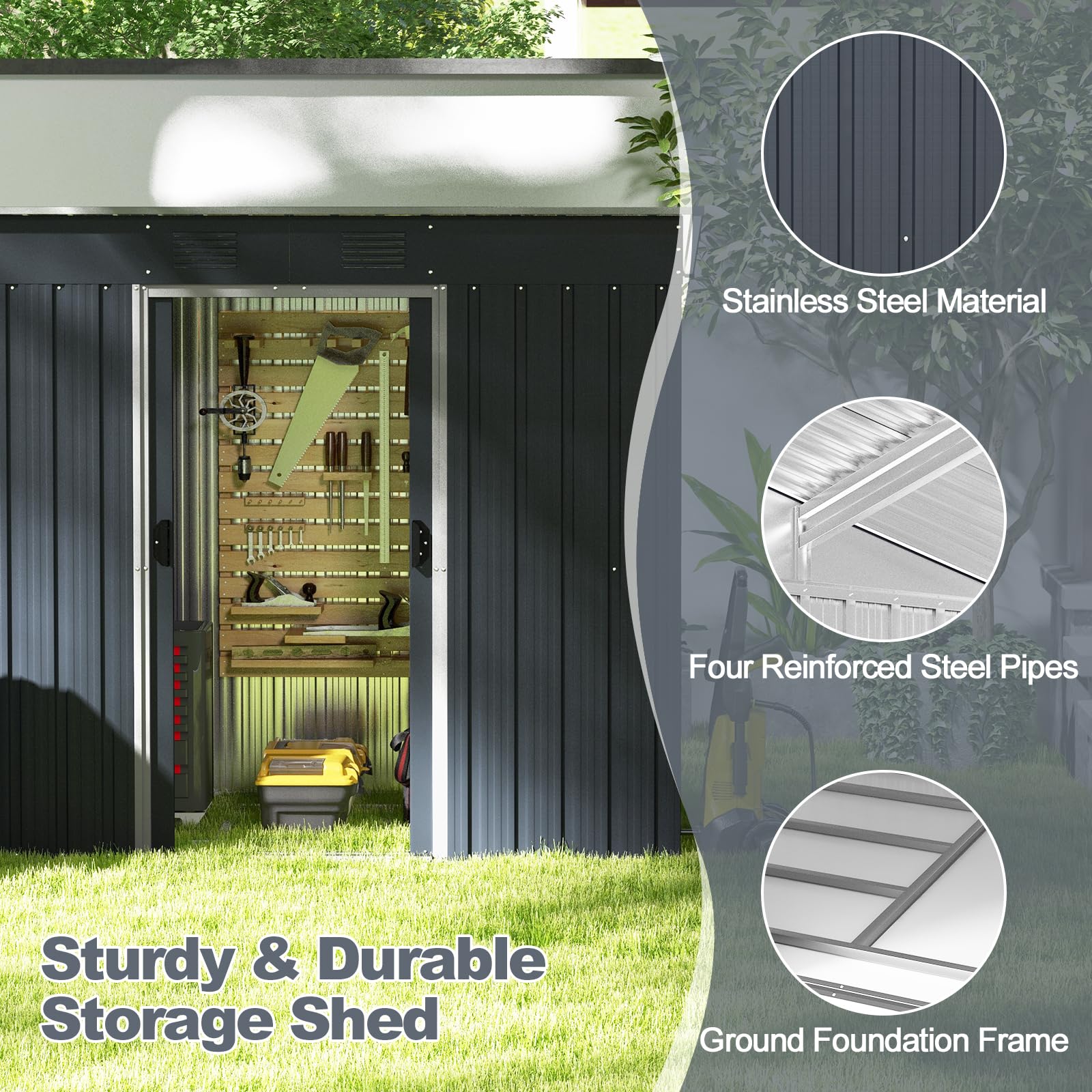 Goplus Outdoor Storage Shed with Floor Foundation, 3.2 FT x 6.7 FT Weather-Resistant Metal Tool Shed w/Air Vents & Lockable Door, Garden Sheds & Outdoor Storage for Outside Backyard, Patio, Lawn