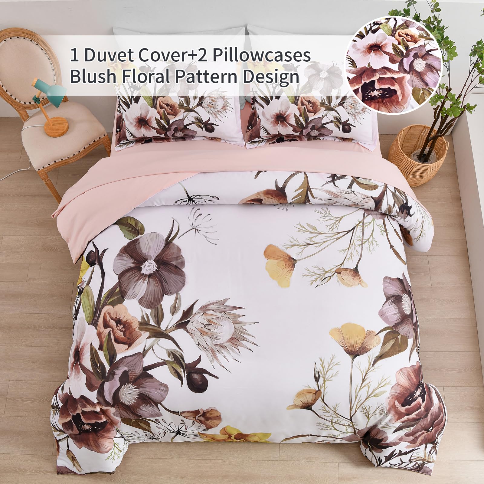 Drucon Duvet Cover Queen Size,Reversible 3 Pieces Floral Duvet Cover Set,Blush Bedding Set for All Season,Soft and Breathable Bedding Set with Zipper Closure & Corner Ties(Queen, 90"x90")