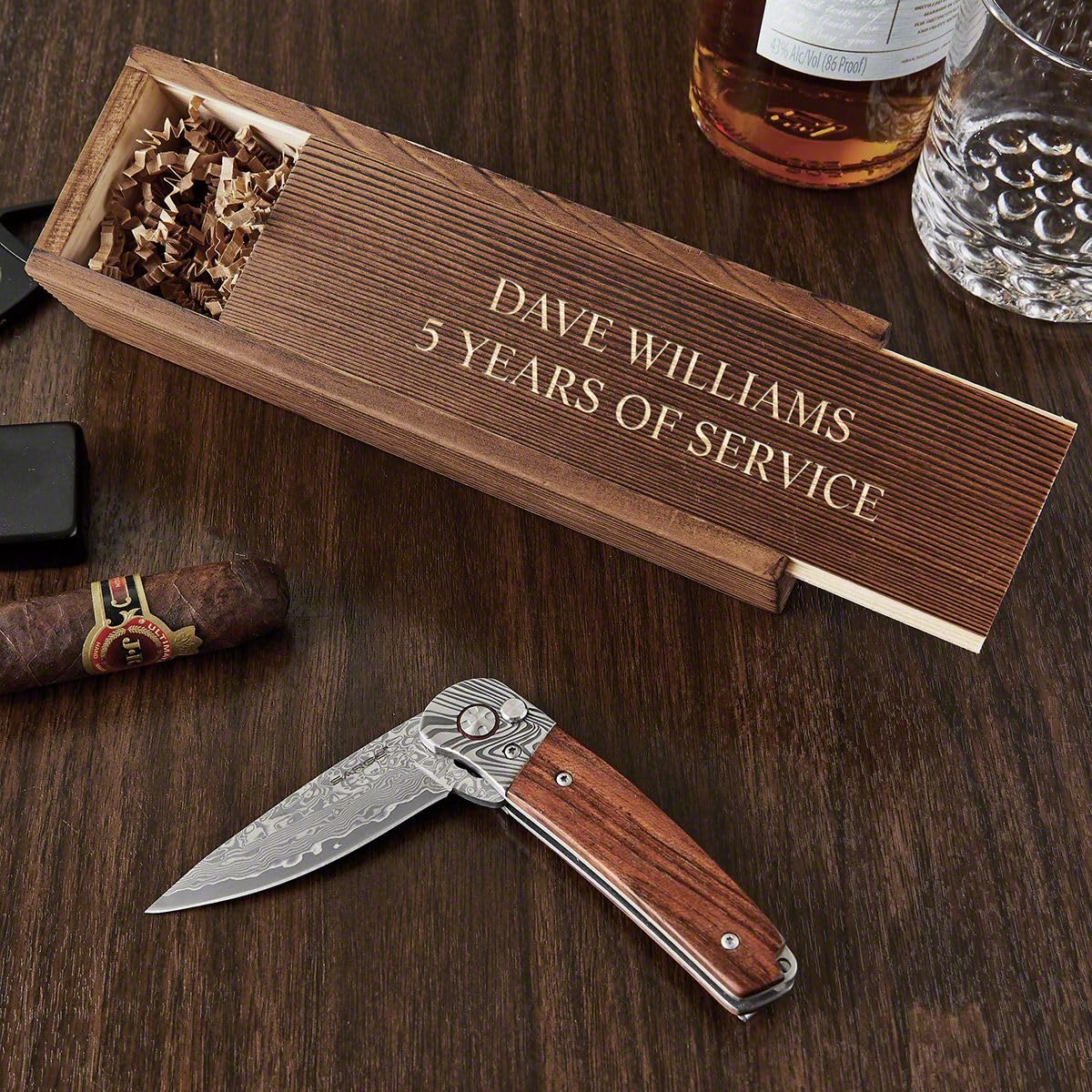 HomeWetBar Damascus Steel Knife with Engraved Wood Idea Box. Custom Utility Pocket Knife for Outdoor Enthusiasts, Perfect for Groomsmen Ideas and Special Occasions