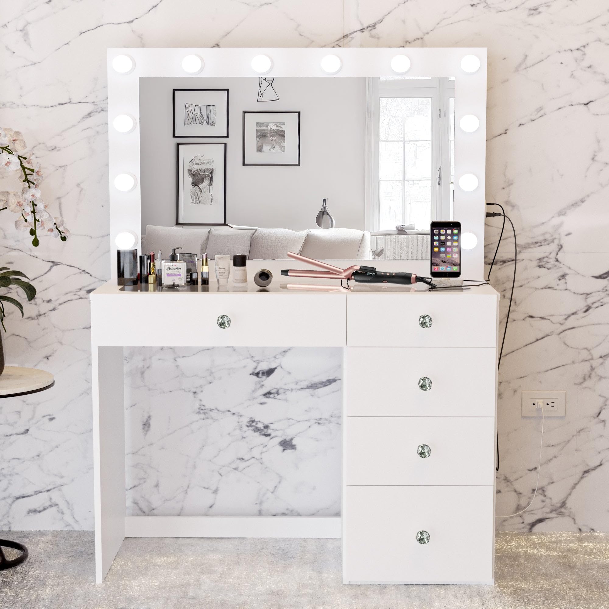 Boahaus Alana White Makeup Vanity Desk with Lights, 5 Drawers, Glass Top, USB Ports