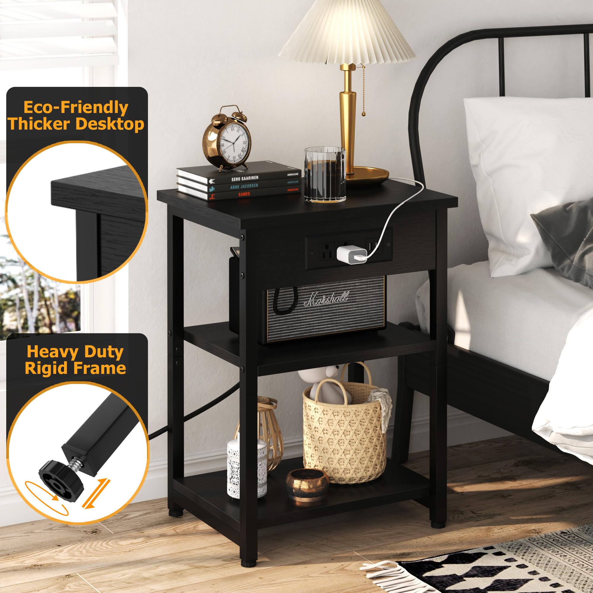 End Tables Set of 2 with Charging Station USB Ports, 3 Tier Tall Night Stand with Storage Shelves, Record Player Stand Narrow Side Table for Small Space Living Room Bedroom Office, Easy Assembly,Black