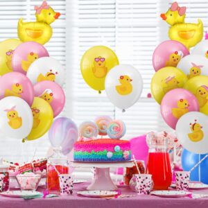 Sratte 40 Pcs Duck Balloon Rubber Duck Party Decorations 12 Inch Duck Shape Foil Balloons Blue Pink Yellow White Latex Balloon for Baby Shower Rubber Duck Themed Birthday Party Supplies (Bowknot)