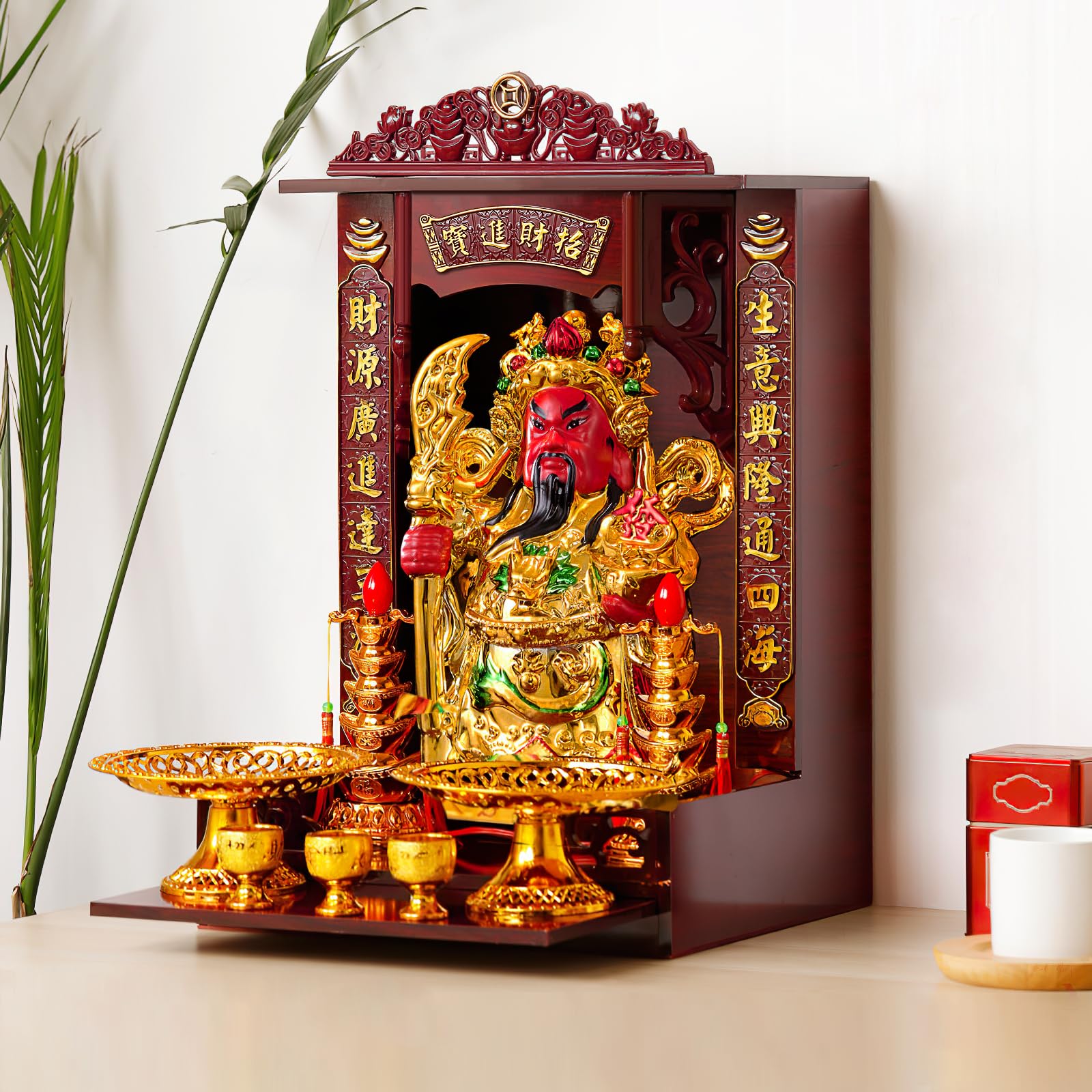 BESTOYARD for Buddha Altar Shelf for Wall Altar Cabinet Wall Mount Japanese Decor Buddha Shelf for Desktop Chinese Decor Buddhist Altar Wall Shelf Temple Buddha Statue Wood Red Pet