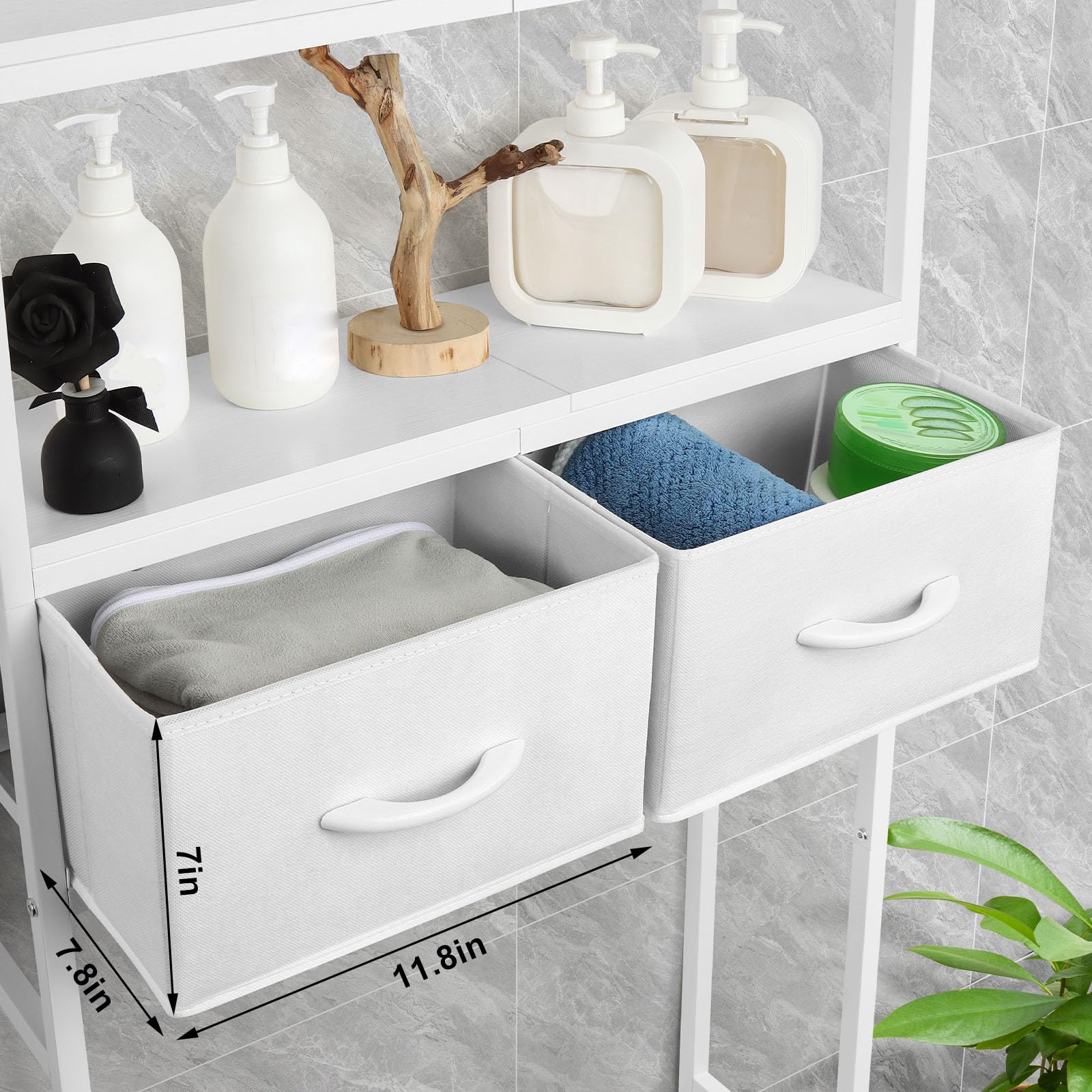 ETELI 3-Tier Over The Toilet Storage Cabinet with Fabric Drawers Toilet Shelf Organizer with 4 Hooks Freestanding Bathroom Space Saver White