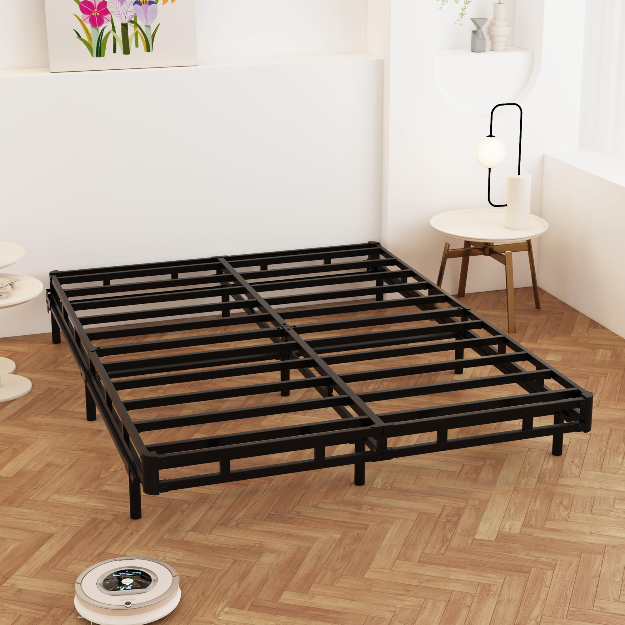 Maenizi Queen Box Spring 4 Inch Low Profile, Heavy Duty Metal Box Spring Bed Base with Fabric Cover, Mattress Foundation, Easy Assembly, Noise Free, Black