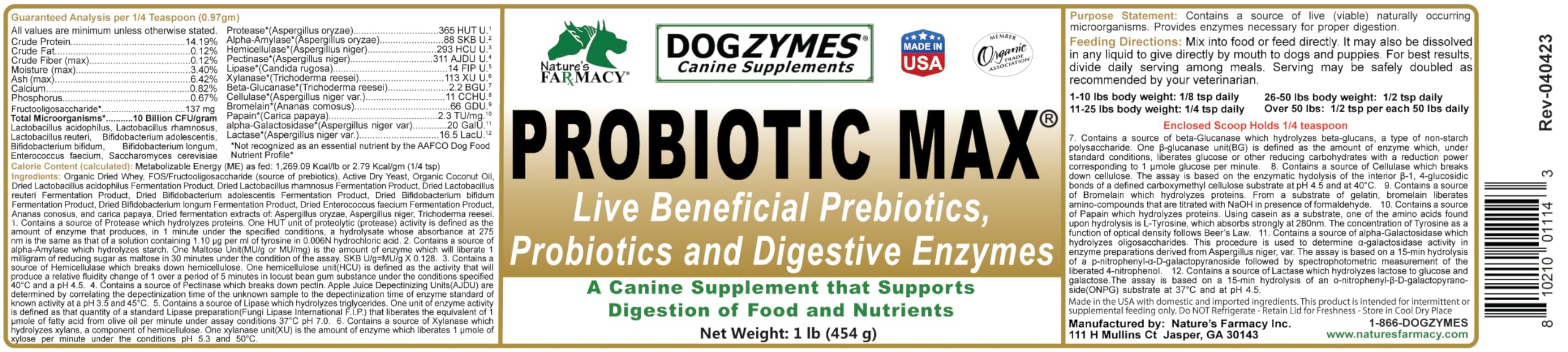 Dogzymes Probiotic Max -10 Billion CFU's Probiotics, Prebiotics, Digestive Enzymes - Relieves Diarrhea, Upset Stomach, Constipation, Gas, Allergy, Immunity & Overall Health 1 Pound