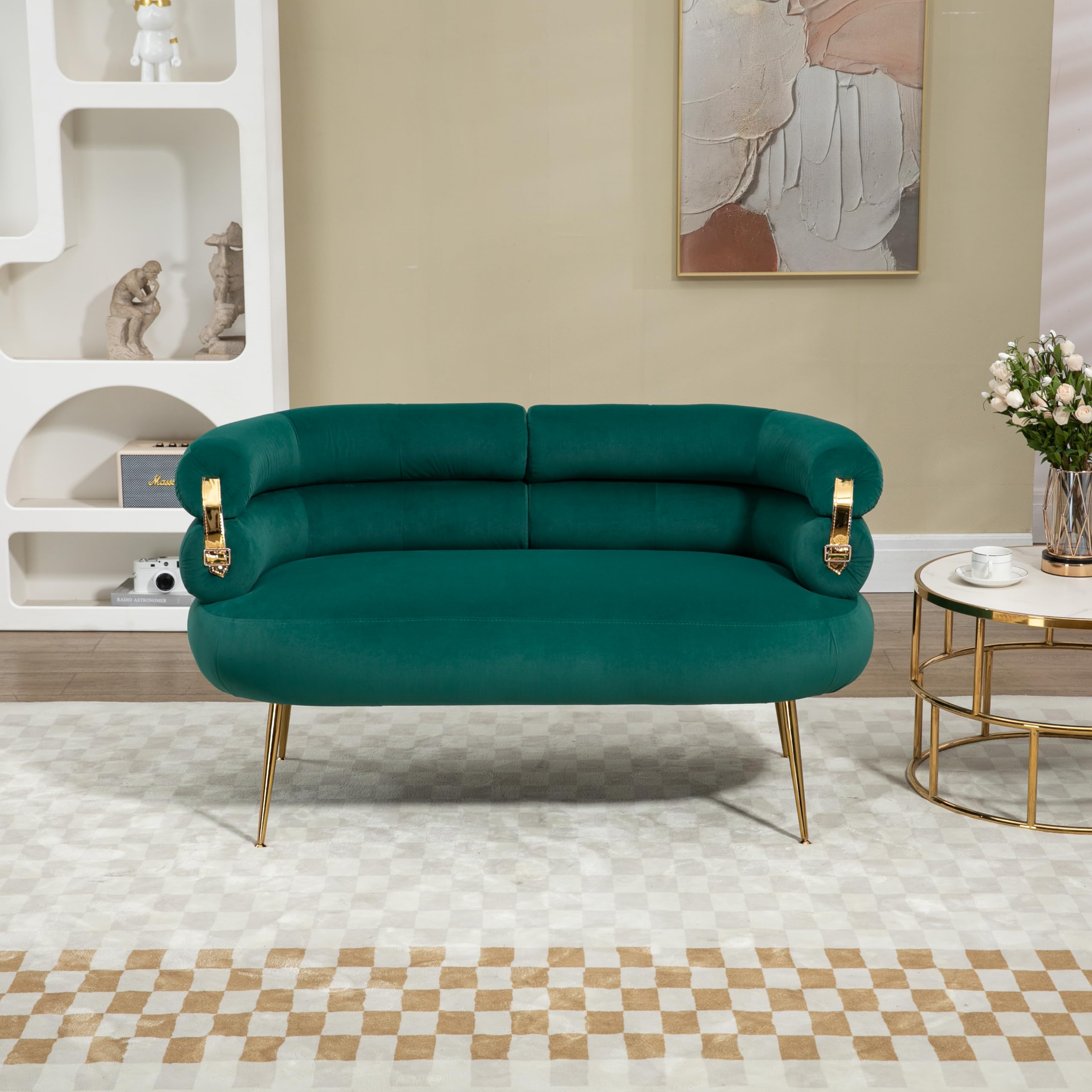 Velvet Small Loveseat Sofa, Upholstered Mini Couch with Curved Backrest, Modern 2-Seat Sofa with Gold Metal Legs, Comfy Love Seat for Living Room, Bedroom, Dorm, and Apart（Green）