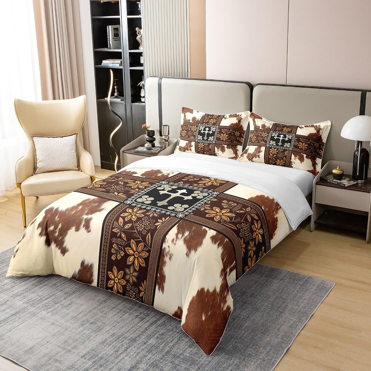 Cow Fur Print 100% Cotton Duvet Cover Brown White Cowhide Comforter Cover King Size Old Fashioned Floral Bedding Sets Southwest Western Style Bed Sets Wild Animal Hair Fur Pattern Quilt Cover,3Pcs